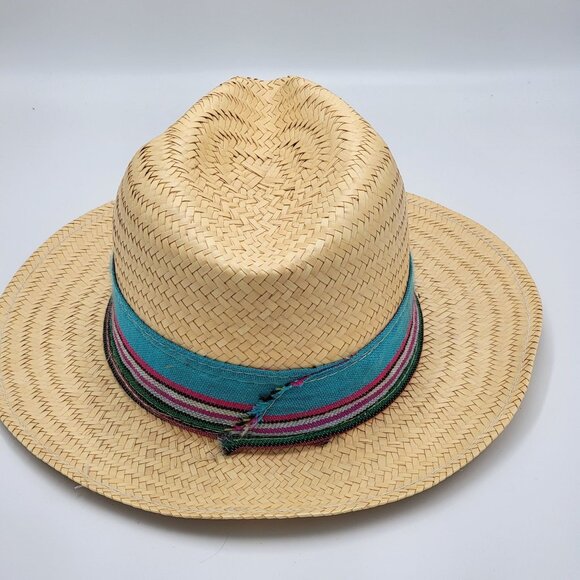Natural Straw Fedora Hat with Multicolor Woven Band & Teal Accent main image 12